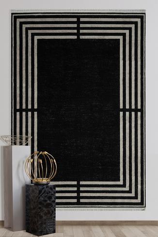 Taboo - Slate Black Siyah Renk Modern Klasik Çerçeveli Halı